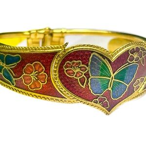 Vintage 1980s Cloisonné Butterfly Gold Tone Clamper Enamel Cuff Bangle Bracelet